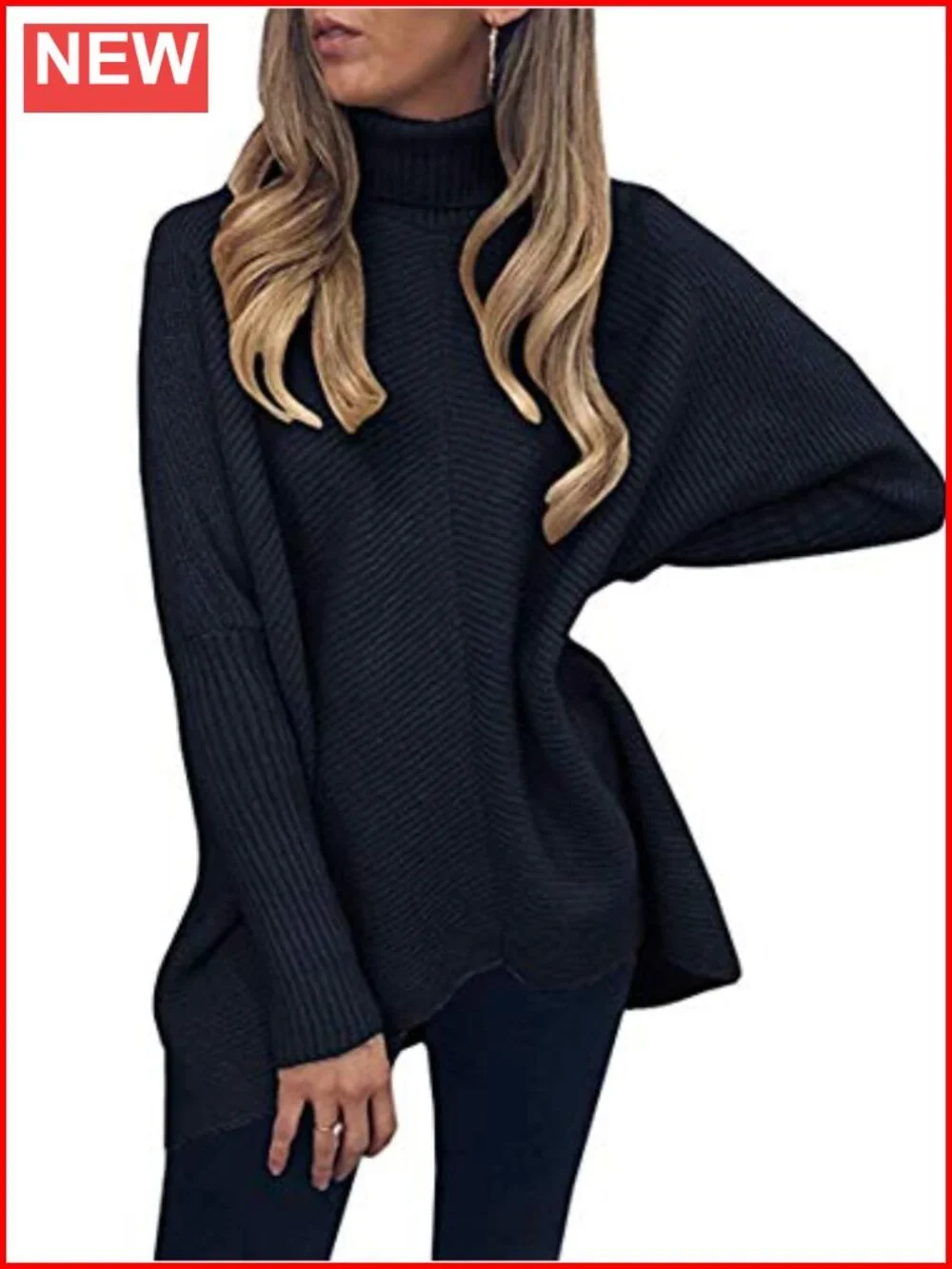 Oversized Turtleneck Sweater Batwing Tunic Top High Low Hem